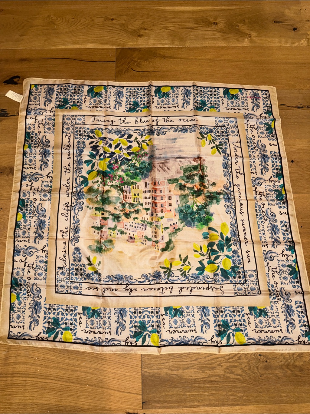 Floral Mediterranean Scenic Square Scarf In Blue, Green & Yellow
